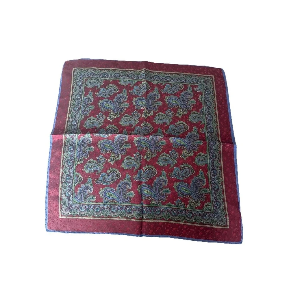 Vintage Silk Paisley Pocket Square Scarf Made in Italy Burgundy Blue Green 16x16